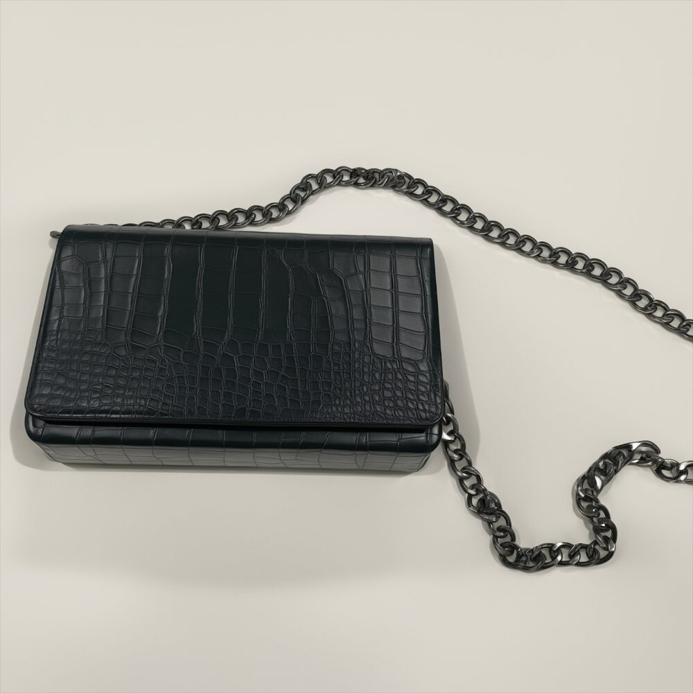 Black Crocodile Embossed Crossbody Bag Chain Strap Vegan Leather Clutch - Picture 4 of 8